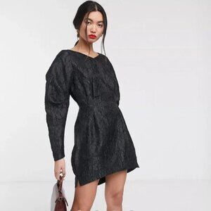 & Other Stories Floral Jacquard Mini Dress Size 8 Black Structured Bold Sleeve